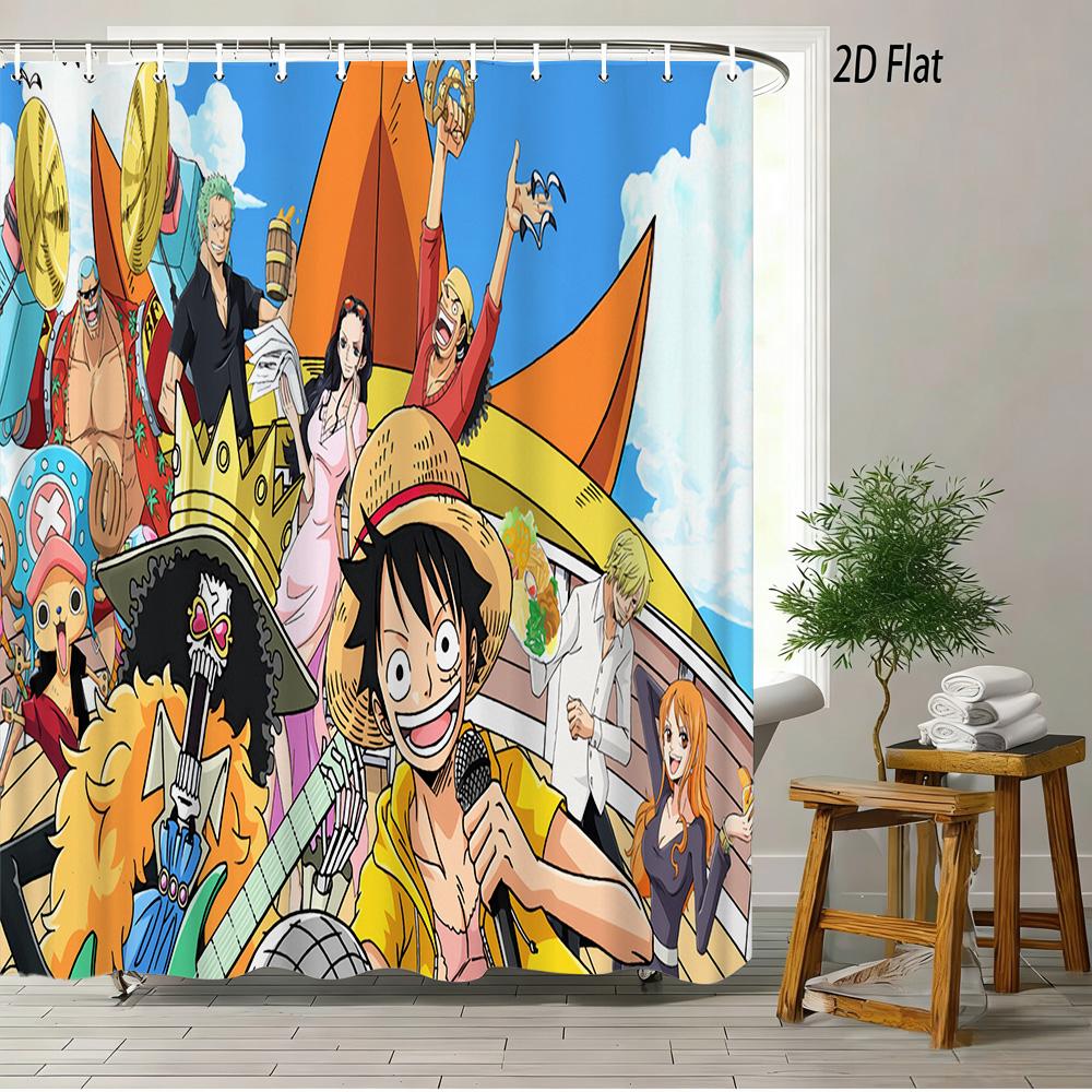 One Piece Luffy, Ace & Sabo Brothers Bond Fiery Scene 2D Print Waterproof Shower Curtain, Intense Flaming Background With Epic B