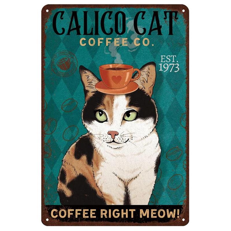 Hisun Tin Sign Vintage Funny Cat Coffee Themed Metal Tin Sign Retro Cute Kitten Wall Art Decor for Home Kitchen Cafe Bar Rustic Iron Painting P