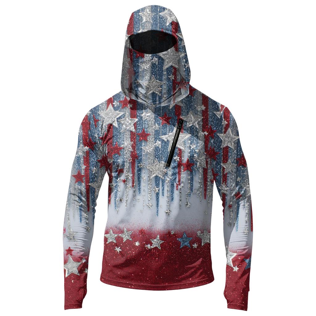 Men’s Casual Long Sleeve Hoodie with Independence Day Print Lightweight Sun Protection Pullover Top with Front Pocket Slash Design