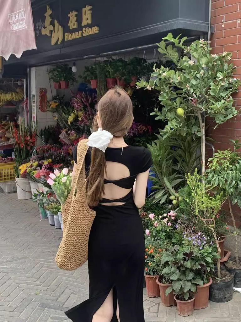 Schmales schwarzes rückenfreies kurzärmeliges gespaltenes Kleid - Damen High-End Sommer Mode