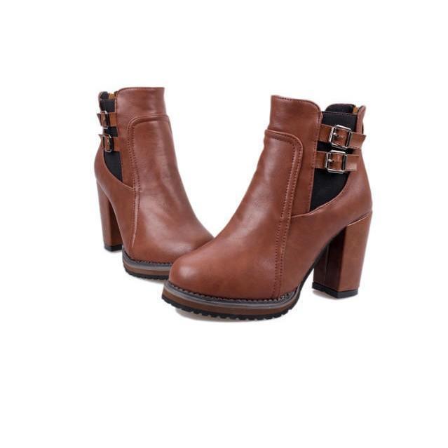 Retro Pumps Belt Buckle Short Boots Fashion Heeled Ankle Boots Women Zipper Boots