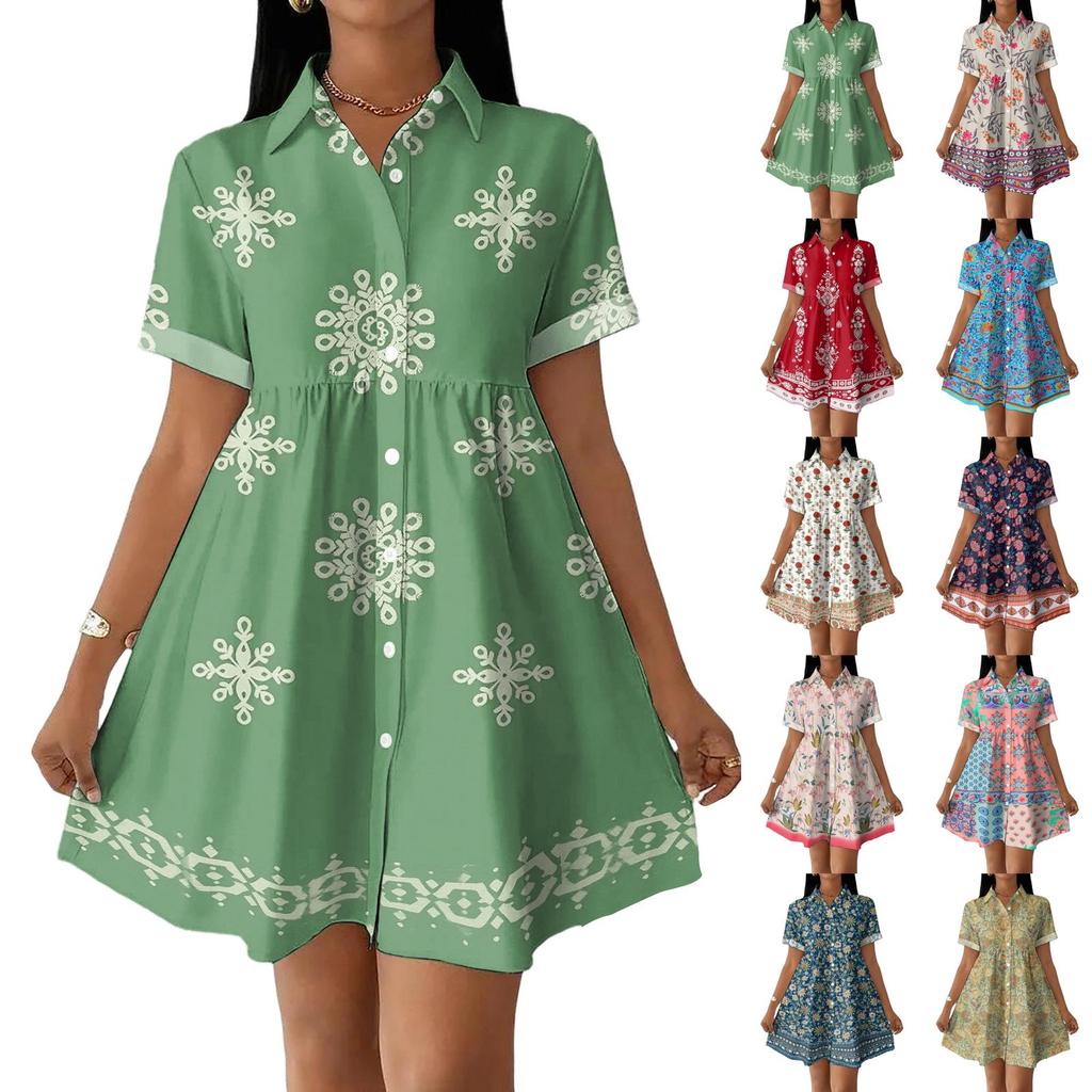 Casual Loose Fit Shirt Dress with Button Front and Stand Collar Short Sleeve Printed Summer Dress for Women