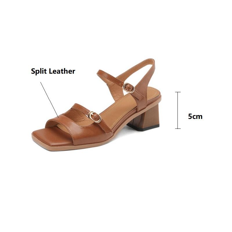 Fashion 2025 New Summer Sandals Women Square Toe Shoes Chunky Heel Open Toe Retro Sandals for Women Handmade Split Leather Women Sandals