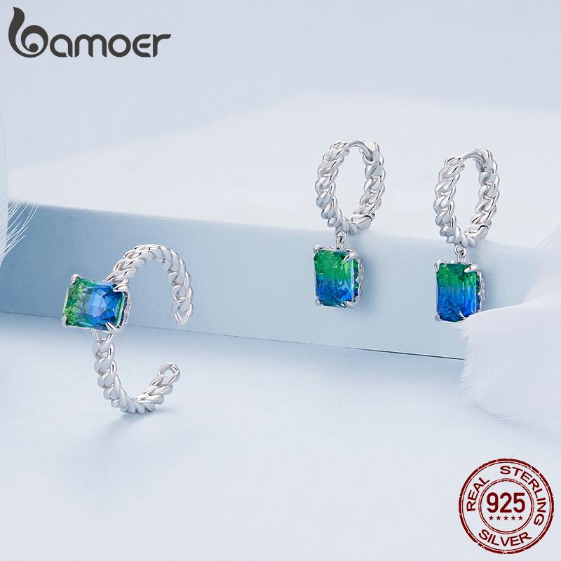 

BAMOER, цепочка из стерлингового серебра 925 пробы, синий и зеленый турмалин, регулируемое кольцо и серьги-кольца для женщин, вечерние комплект ювелирных изделий, подарок 925 silver