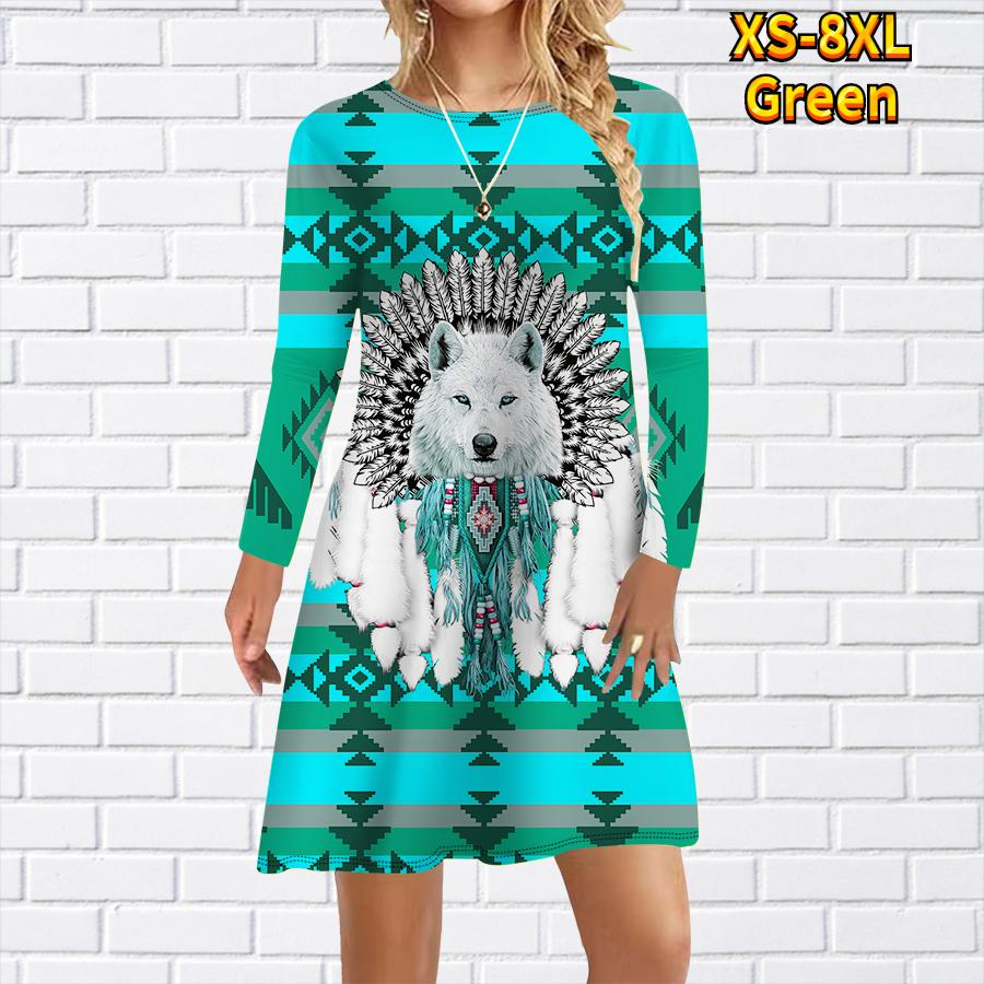 Lässiges Kleid für Damen mit Wolfsstamm-Print, Kleider für Damen, O-Ausschnitt, kurzärmelig, Übergröße