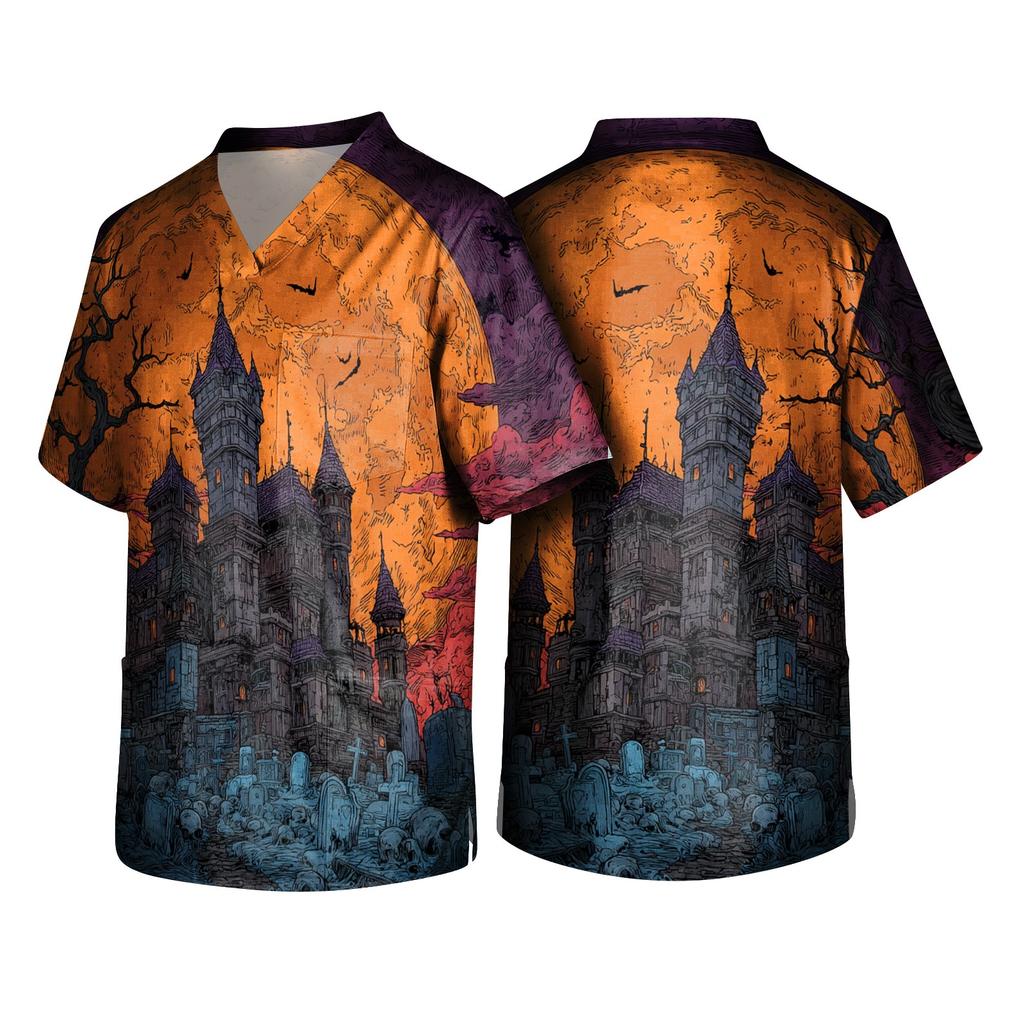 Men's Halloween V-Neck Scrub Top, Short Sleeve with Pockets for or Costume