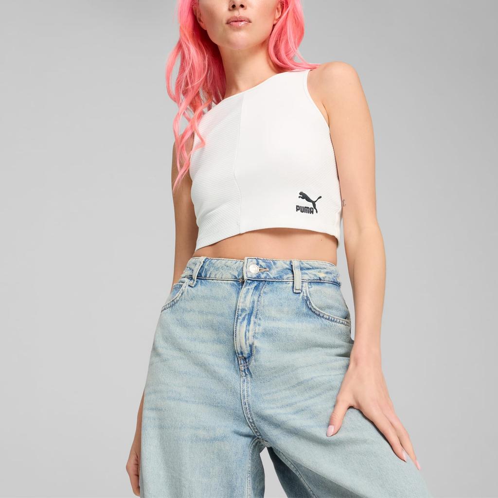 Puma Classics Ribbed Crop Top Solid Color Short Sleeve Round Neck Brand Logo Print Vest Women tops White 626625-02