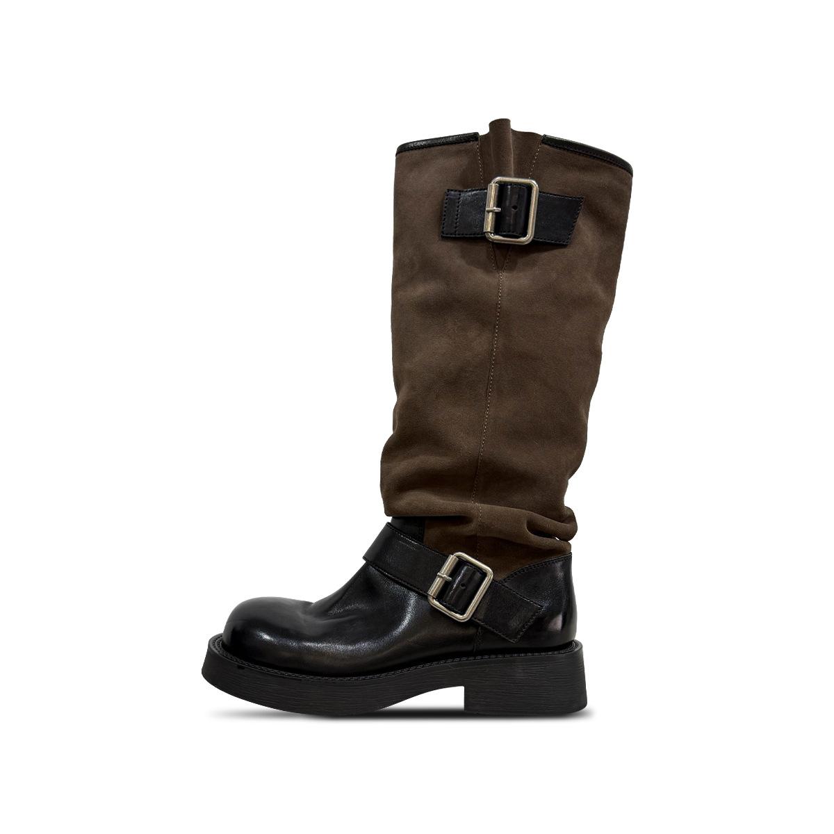 

Cowhide version~ Skinny long boots splicing stacking boots women s niche retro heightening thick-soled small knight boots 40