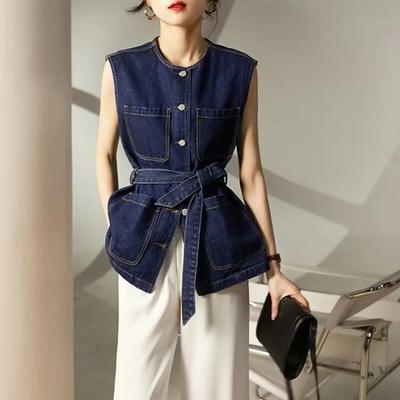 Summer Women Sleeveless Belted Denim Vest With Pockets
