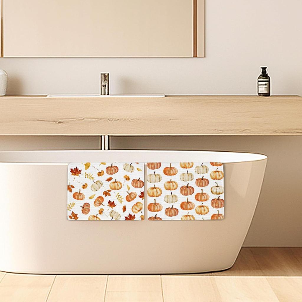 Fall Pumpkin Maple Leaves Towels, Farmhouse Autumn Pumpkin Hand Towels for Bathroom Decor, Rustic Fall Harvest Thanksgiving Dishcloths Dish Towel for