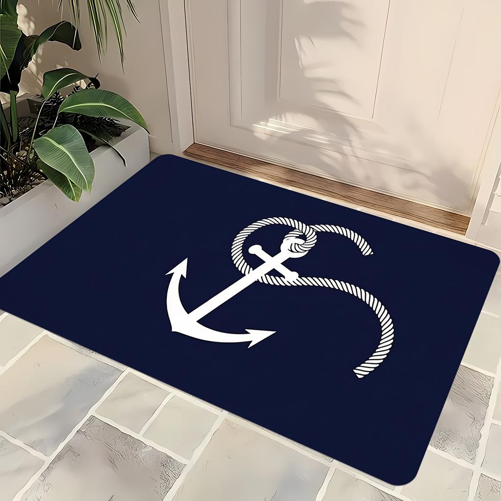 Nautical Anchor Pattern Welcome Mat - Machine Washable, Non-Slip Backing for Bathroom, Living Room, Bedroom, Kitchen, Office