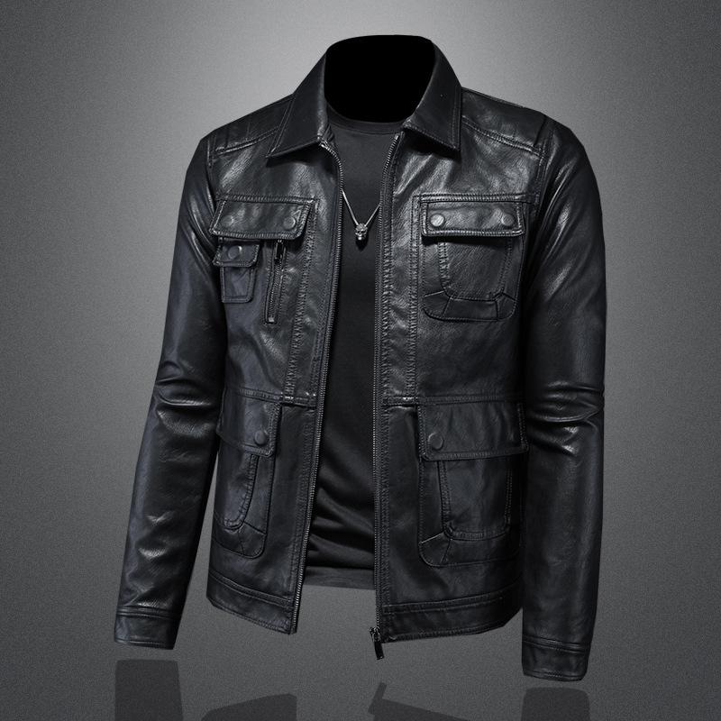 Spring and Autumn Leather Jackets for Men, Korean Style, Trendy and Cool Autumn Short Motorcycle Jacket, Black Leather Jacket 7285