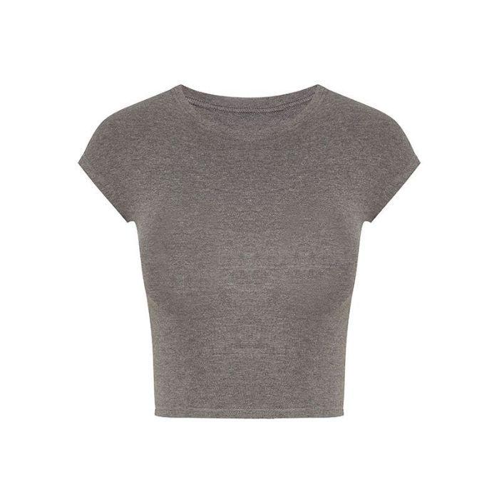 

Женский облегающий кроп-топ с короткими рукавами-колпачками - Летняя футболка с круглым вырезом Small черный серый