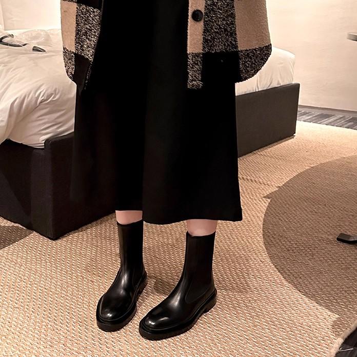 Sheepskin version~ British leather thick-soled Chelsea boots women's thick heel elastic small short boots ankle boots Skinny Martin boots