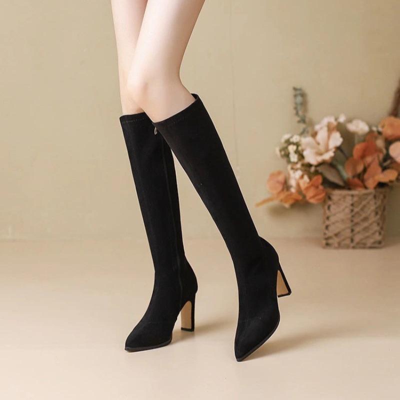 Fashion High Heeled Women Boots Knee High Boots High Quality Fashion Pointed Toe Side Zipper Suede High-heeled Women's Boots Botas Mujer