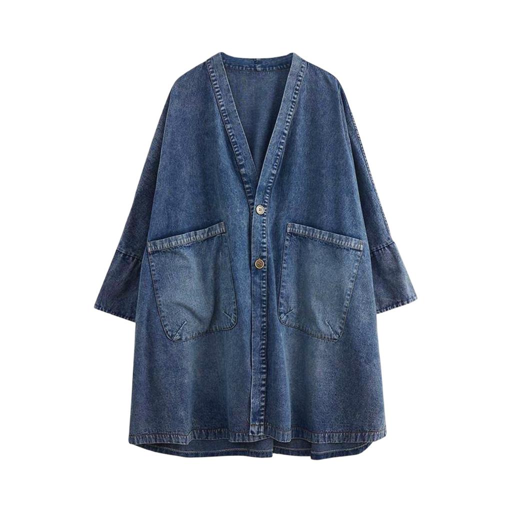 Women's Retro V-neck Pocket Denim Jacket Loose Large Medium Length Trench Coat