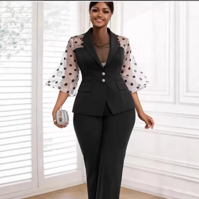 

Plus Size Black Polka Dot Sheer Sleeve Suit with Waist-Cinched Wide-Leg Pants – Perfect for Commuting and Work. 0XL чёрный