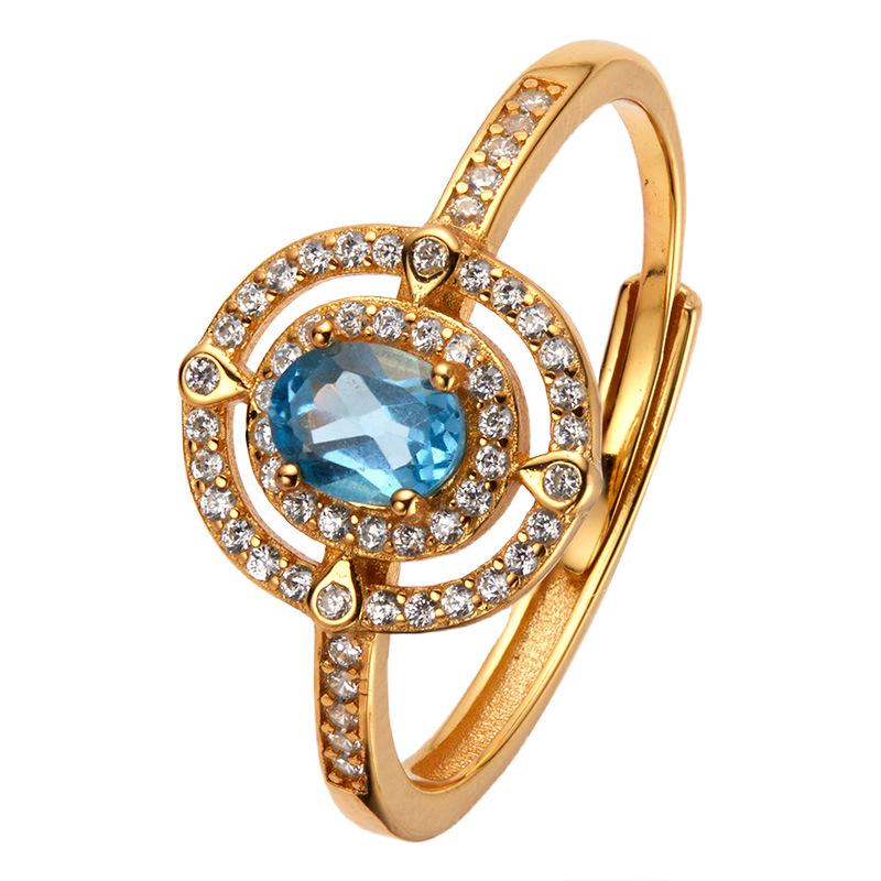 High Sense Light Luxury S925 Sterling Silver Plated 18K Gold Natural Colored Treasure Ring Index Finger Ring Niche Jewelry Women