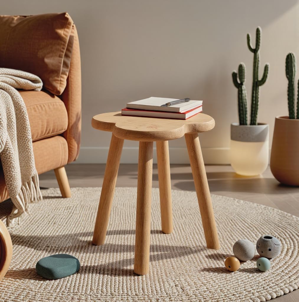 Pinyunxuan Wooden Clover-Shaped Children's Chair, Mini Stool, Round Chair, Low, Small Chair, 24x24cm, Footrest, Plant Stand, 80kg Weight Capacity, Nat