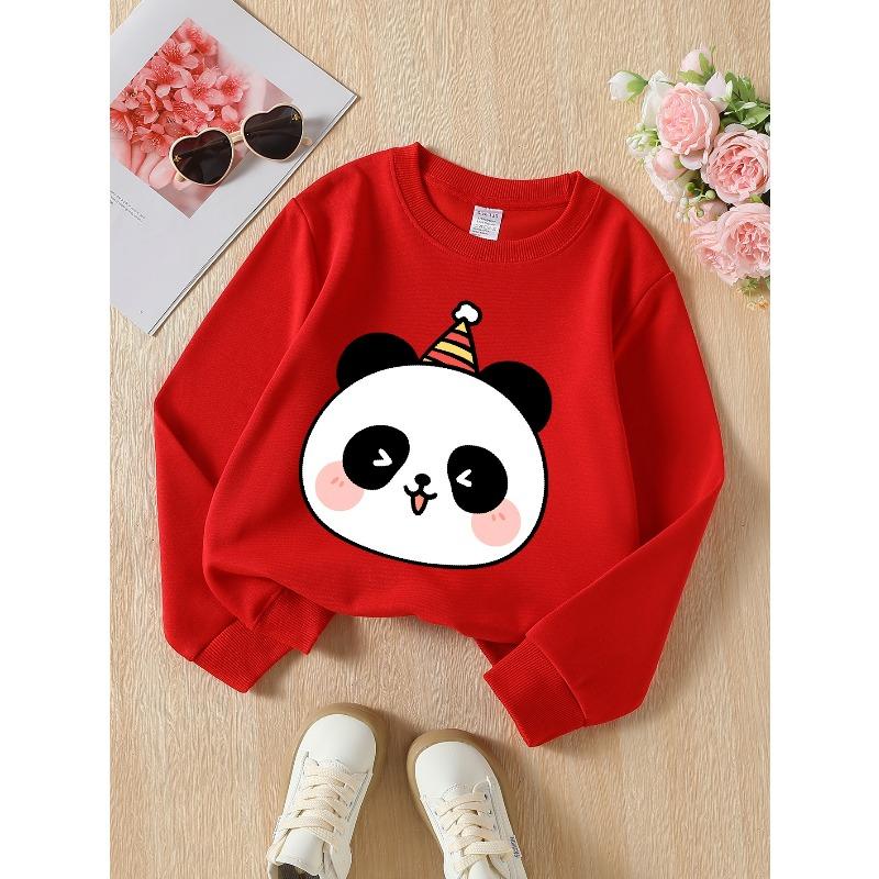 Kids Sweatshirt Adorable Panda Crewneck Sweatshirt for Girls Featuring a Party Hat, Suitable for Machine Washing. Perfect for Spring And Autumn