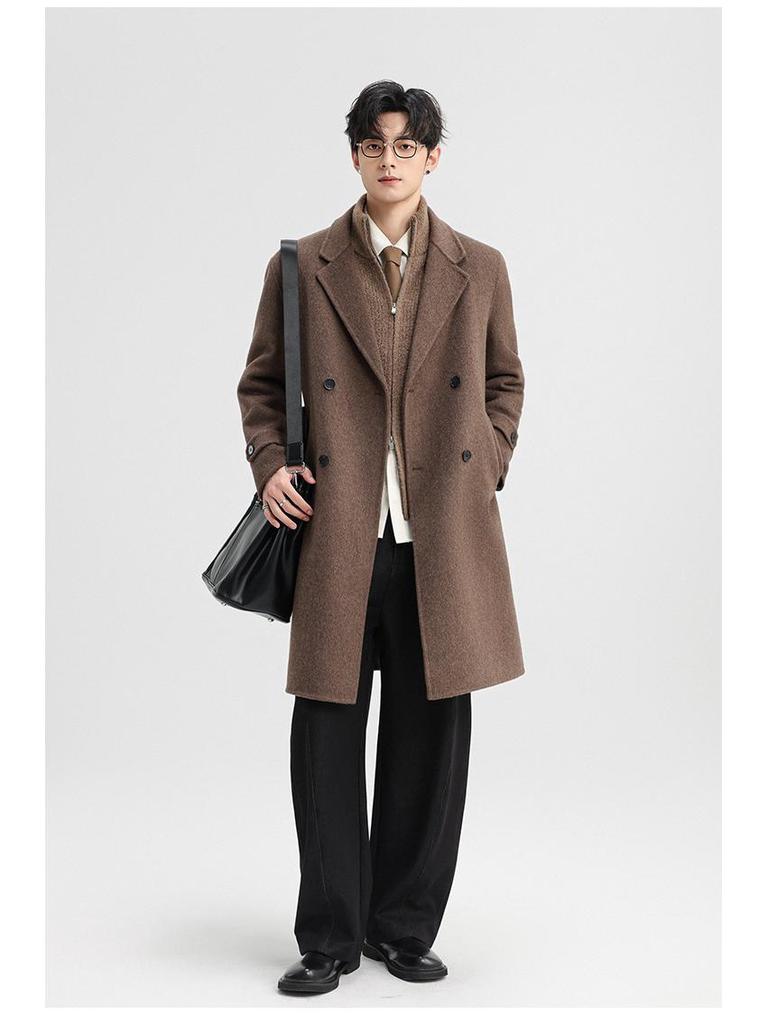 2025 Autumn/Winter Men's Double-Sided Wool Double-Breasted Trench Coat, Mid-Length with Lapel