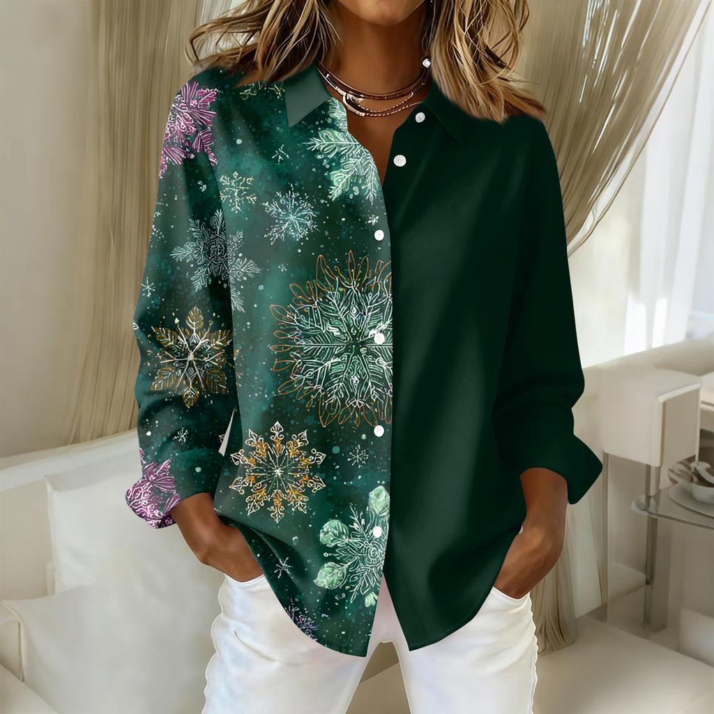 Women's Christmas Printed Button Up Long Sleeved Casual Regular Shirt With Collar Top
