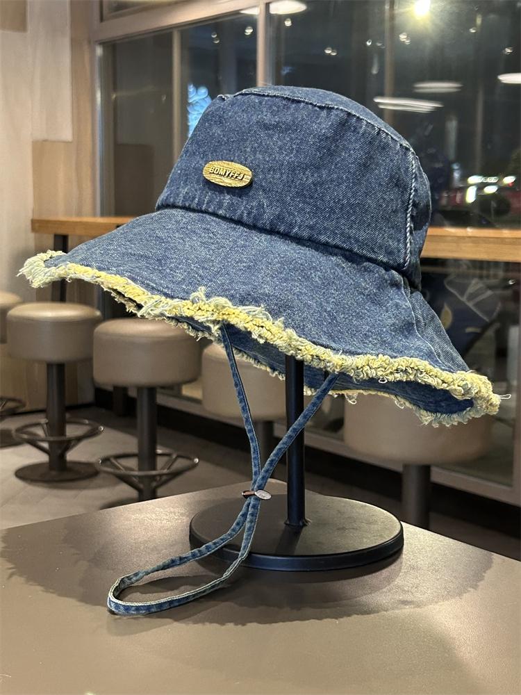 Vintage Washed Denim Cloth Bucket Hats For Women Spring Autumn Wide Brimmed Casual Bucket Cap Foldable Retro Tassel Brim New
