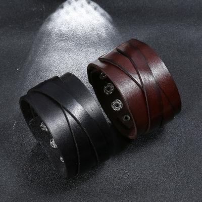 Men Bracelet Faux Leather Solid Color Smooth Punk Style Button Closure Individual Cross Strap