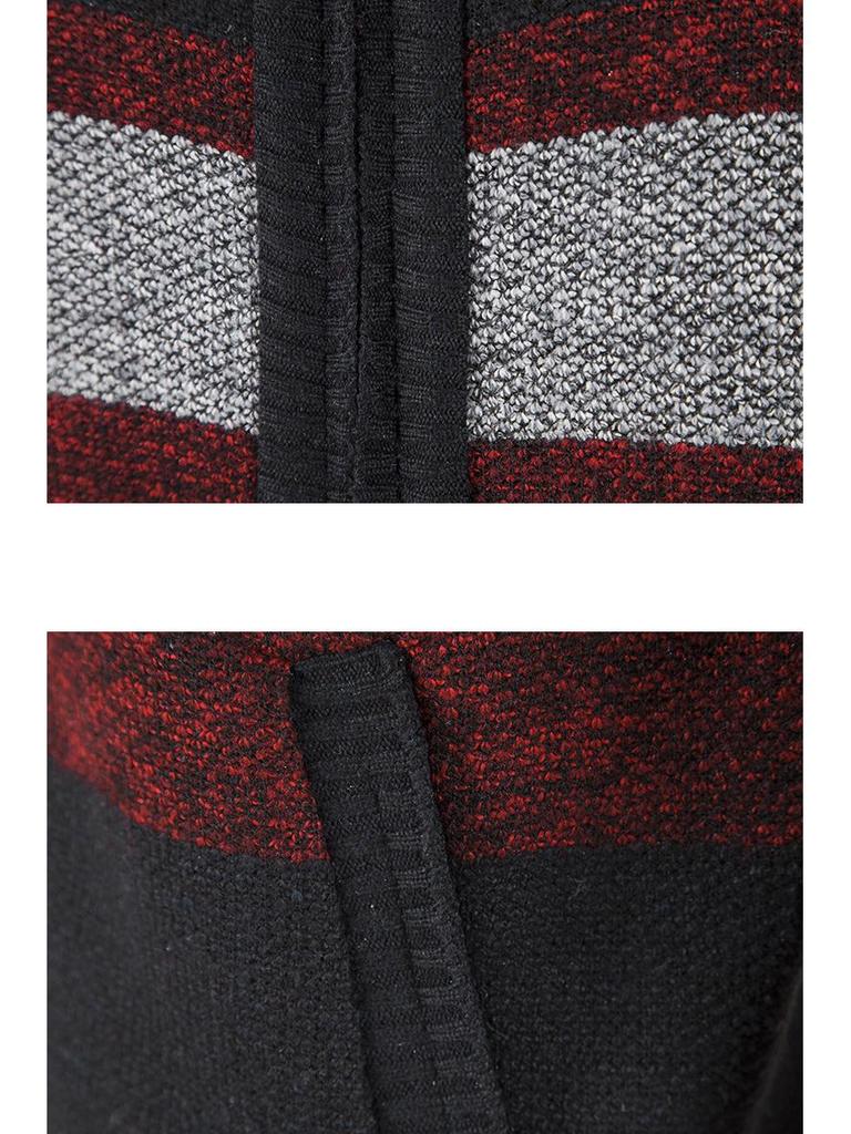 Men's Thickened Velvet Stand Collar Color Block Knit Cardigan Sweater Jacket for Autumn/Winter