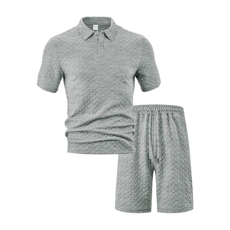 New Summer Men's Casual Loose Lapel Jacquard Short Sleeve Polo Shirt Two-Piece Suit