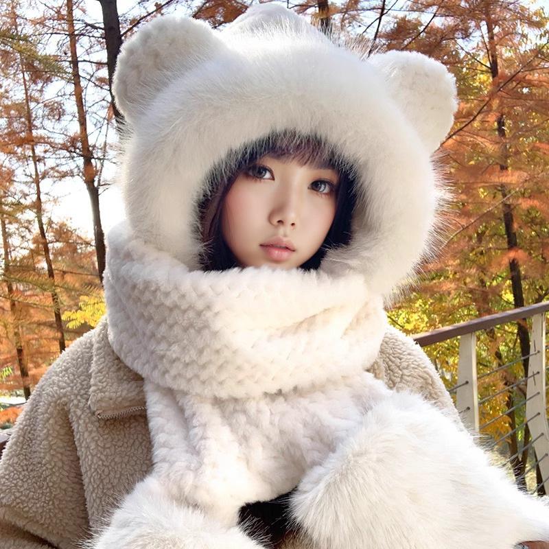 Cute Bear Hat Gloves Three In One Scarf Plush Hat for Women In Winter Riding Easy Outdoor High End Warm Hat