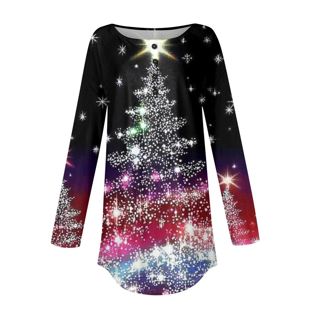 Women's Fashionable Loose-Fit Button-Down Collar Christmas Print Long-Sleeved Top