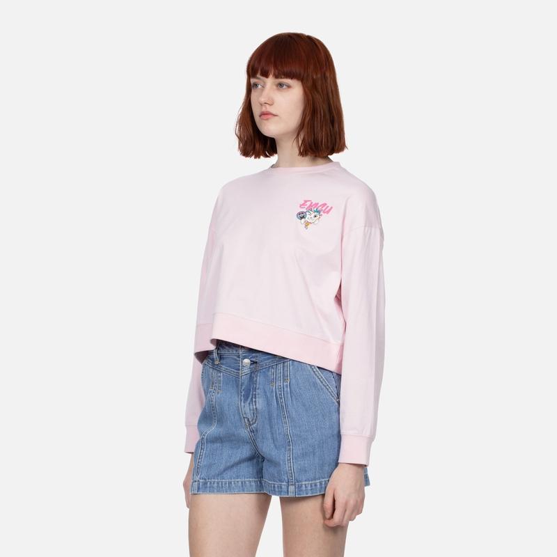 Evisu SS24 Lucky Cat And Family Flower Logo Print Long Sleeve T-Shirt Women tops Pink 2ESHTW4TL4031CPCT