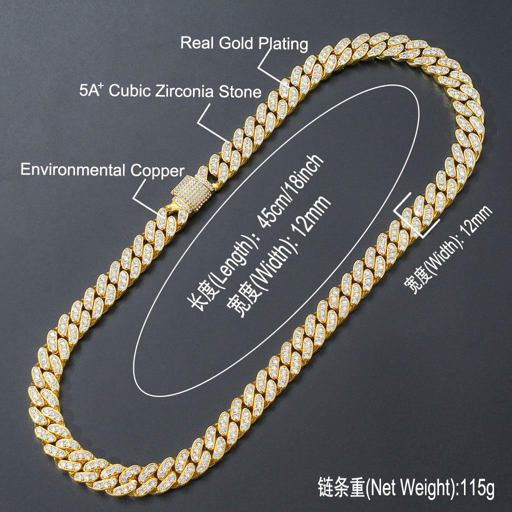 High Quality Custom 18K Gold Cuban Link Chains 12mm Diamond Iced Out Cz Miami Cuban Chain Hip Hop Necklace Mens Jewelry