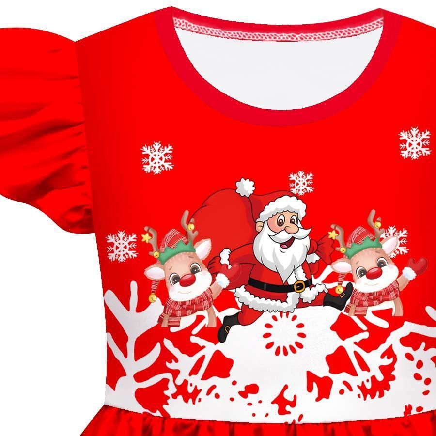 Kids Girls Cartoon Santa Claus Christmas Tree Elk Print Ruffle Sleevess New Year Dress