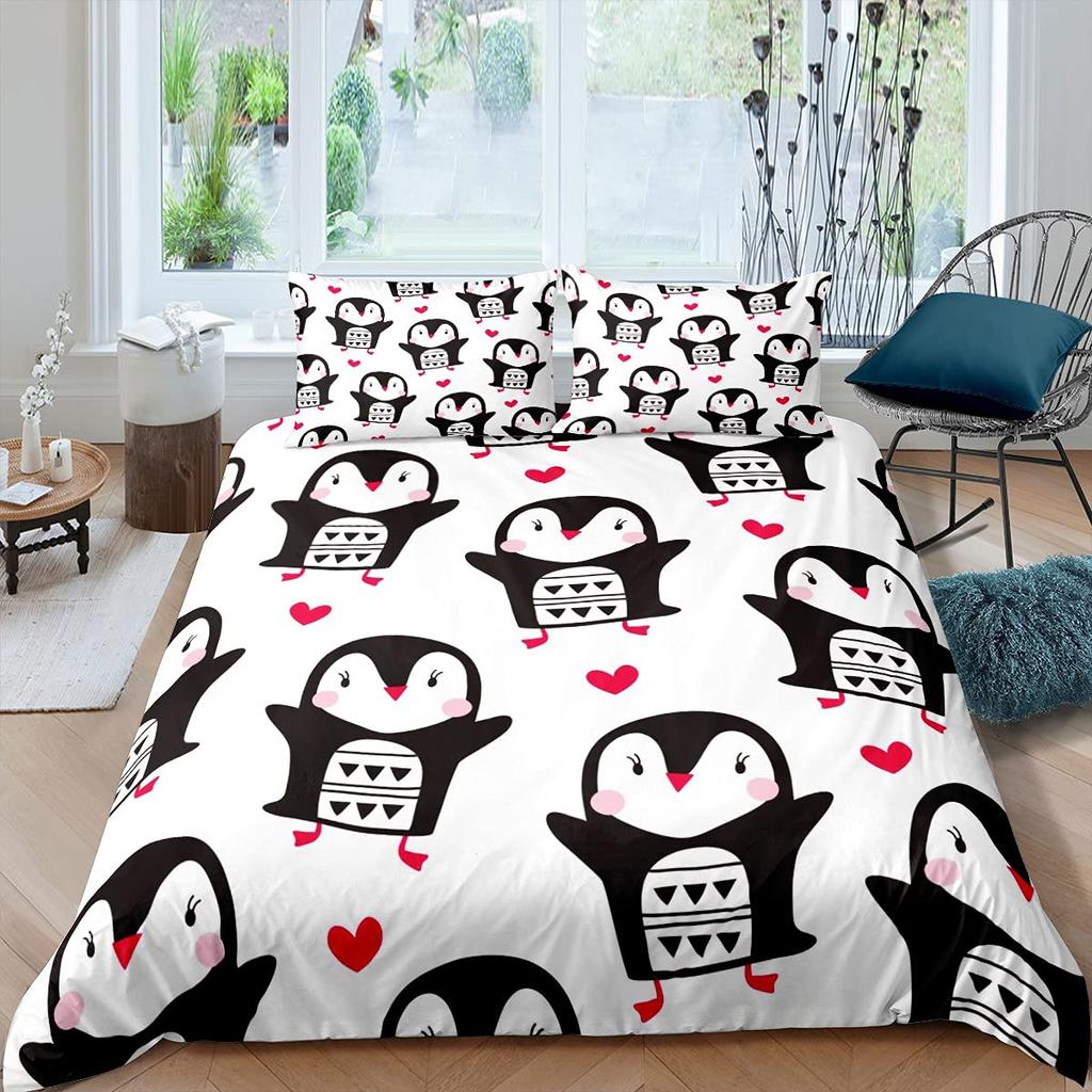 Set Copripiumino con Stampa di Pinguini ad Acquerello Set Biancheria da Letto 3 Pezzi Per Bambini Copripiumino Morbido Coperta Trapunta con 2 Federe