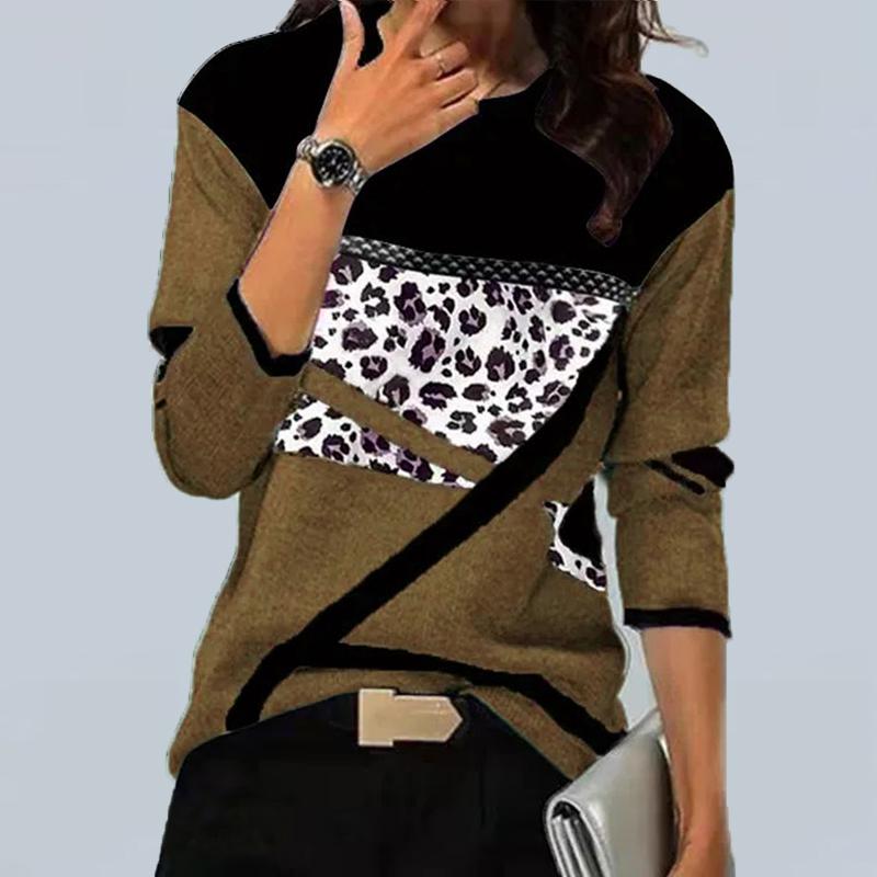 

Синие лоскутные футболки с 3D принтом и леопардовым принтом, женские топы, пуловер с длинными рукавами и круглым вырезом, женские футболки, футболка для женщин 8XL хаки