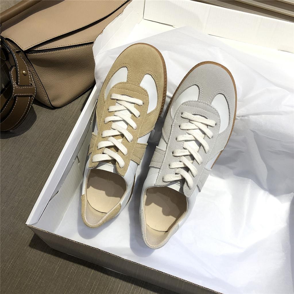 Gehen Sie zu Frühling~ 2025 Deutsche Trainingsschuhe, Frühling und Sommer Retro-Leder Flachsohlen-Sportschuhe Koreanische Version Schnür-Freizeit-Board-Schuhe Damen