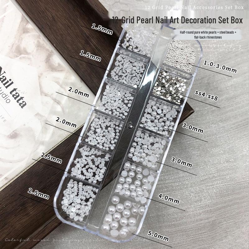 12 Grids Colorful Pearl Nail Art Decorations: Mixed Size White Pearls, Full & Half Round