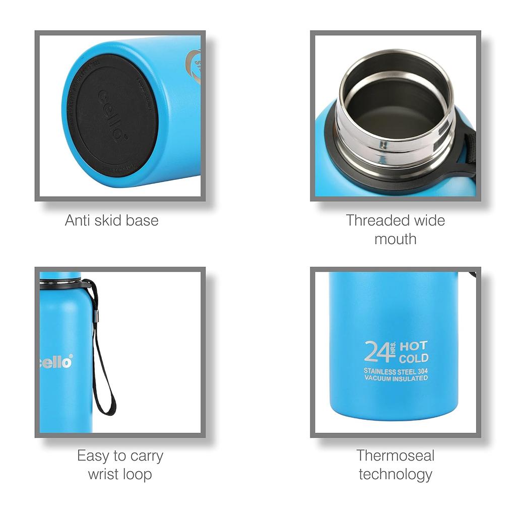 Vacuum Insulated Stainless Steel 750ml Flask Bottle For Hot Cold Drinks Travel Use With Wide Mouth And Leakproof Lid –  Blue