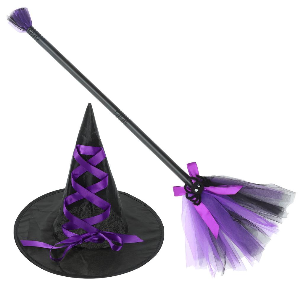 1Set Halloween Witch Hat & Flying Broom Cosplay Costume Props Party Decorations Ghost Festival Atmosphere Dress Up Halloween Hat