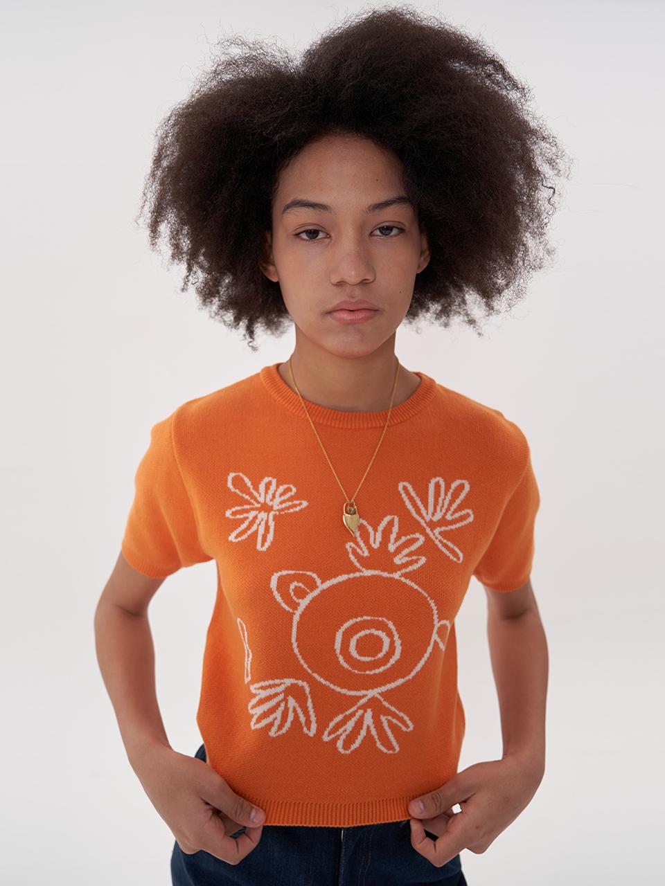 Bemon Jacquard Crop Knit_Orange Medium