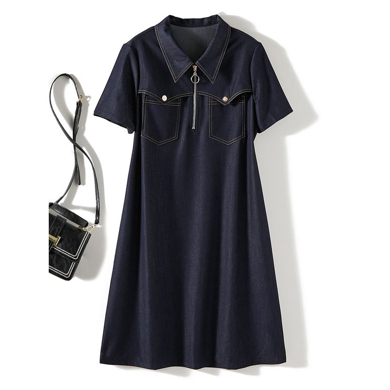 Sea Soul Stylish Polo Dress! Women's Summer Washed Denim Cotton Chest Pocket Front Zipper Dress Drape Feet