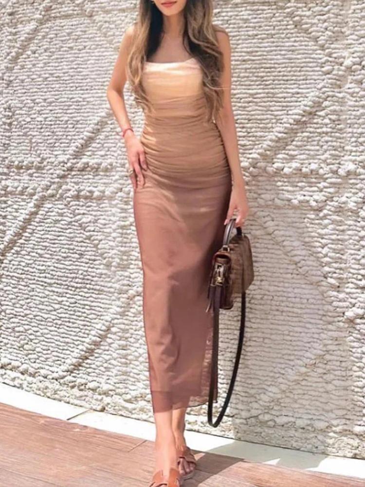 Women's Gradient Printed Tulle Halter Midi Dress Fashion Sexy Backless Spaghetti Strap Dress Summer Party Slim Dresses