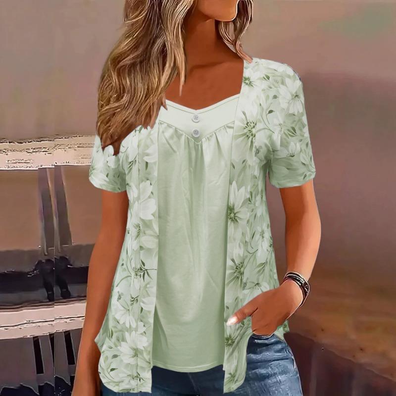 Women Fake Two Piece Short Sleeve Floral Print Button Fashion Blouse XL зелёный