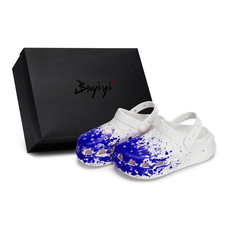 

Crocs Crush Clog 811 Производство Сцена шпиона Специальная обувная коробка Потертый Всплеск жидкой краской Индивидуальные перфорированные туфли Унисекс Белый и синий 39-40