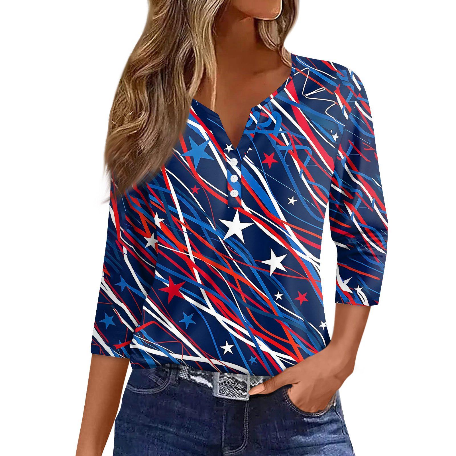 

Women s Casual Independence Day Printed V-Neck 3/4 Sleeve Embellished Button T-Shirt Top L