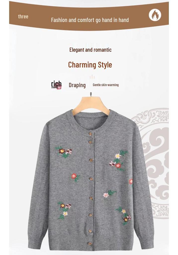 Grandma's Embroidered Knitted Cardigan for Middle-Aged and Elderly Ladies - Spring/Autumn Sweater Jacket for Women.