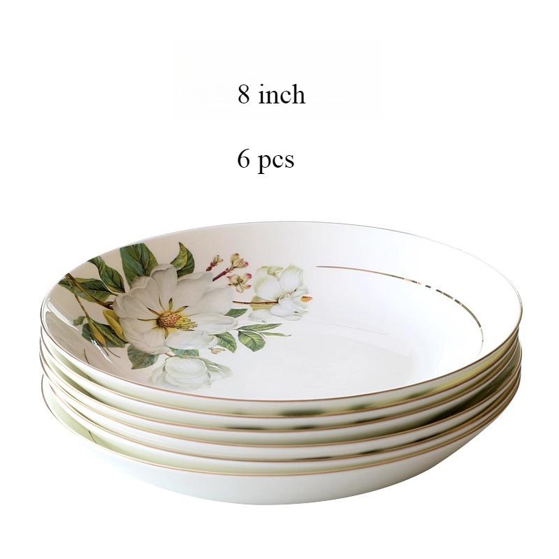 

8-дюймовая тарелка из тонкого костяного фарфора класса люкс с золотой каймой - Фарфоровая тарелка Камелия , круглая, глубокая, элегантная посуда для дома или вечеринки 6pcs