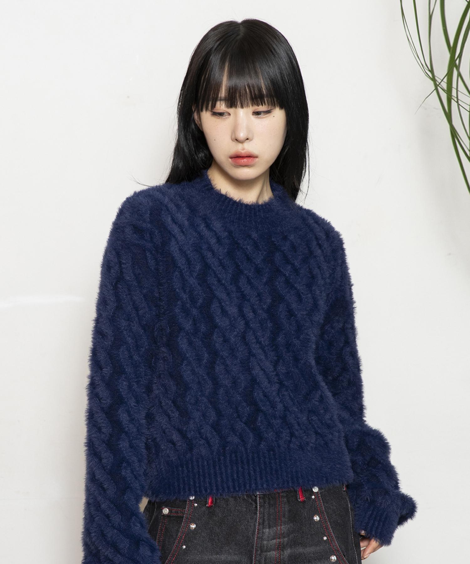 Lunakihu Wxk014 Loose Cable Knit Pullover Hairy Knit (Dark Navy) Dark Navy/1